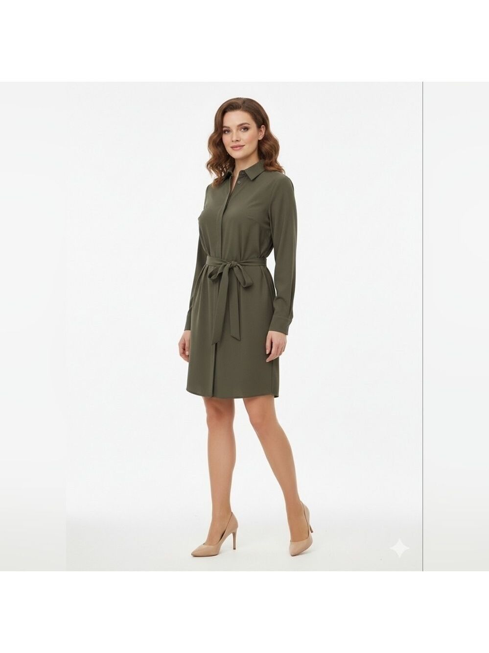 Modern Ambition Long Sleeve Belted Shirt Dress in Olive Green, Large, NWT